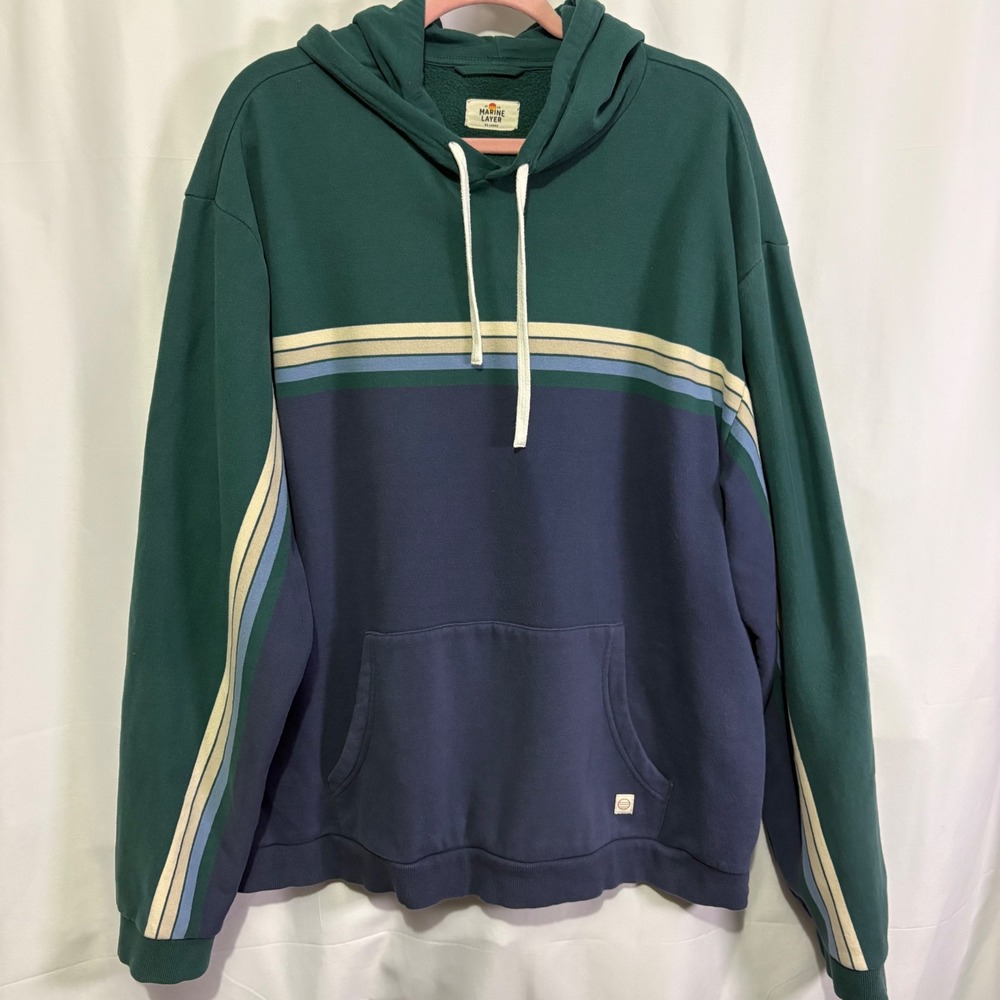 Marine Layer Mens XXL Archive Varsity Hoodie Green Navy Blue Striped Pullover